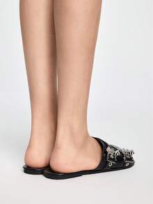 ROMWE Grunge Punk Women Solid Color Bat Button Decor Fashion Sandals, With Buckle Belt Inlaid Casual Flat Slippers, Non-Slip Summer Slides - Black - View 6
