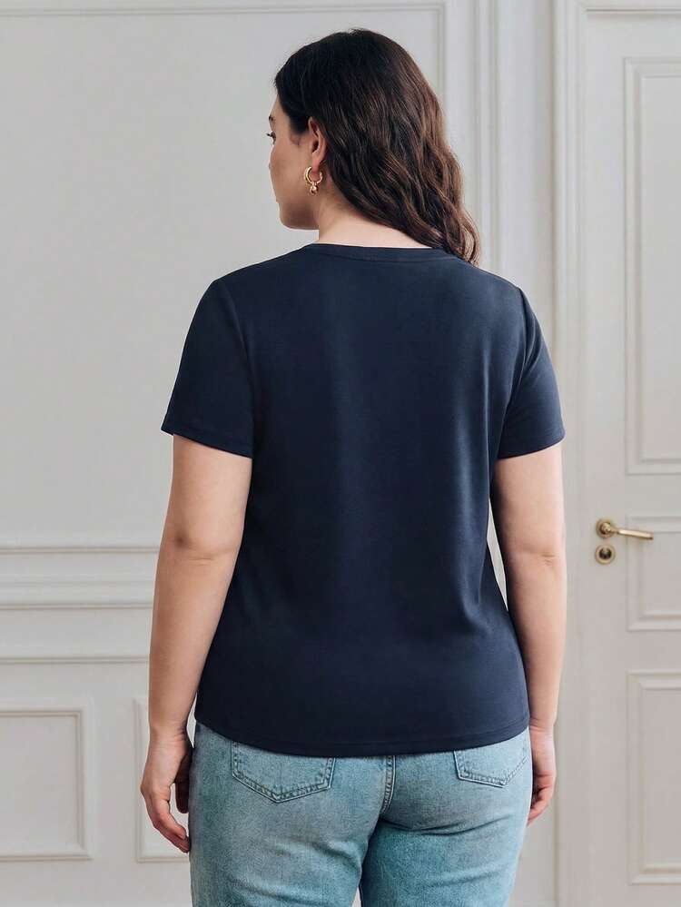 Plus Size Women's Elegant Sequin Embroidered Short Sleeve T-Shirt, Casual Office Lady Fitted Knit Crew Neck Top, Navy Blue