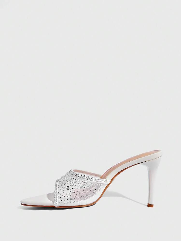 CUCCOO SZL Ladies Summer New White Mesh Rhinestone High Heel Sandals Fashion Gorgeous Sexy Party Ladies Sandals Slippers