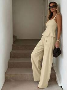 女士纯色吊带背心和阔腿裤休闲两件套情人节服装纯白色背心连衣裙休闲宽松复古风服装白色亚麻裤套装奶油色两件套亚麻两件套套装夏季棉质两件套春季服装，休闲服饰 - 杏色 - 查看 3