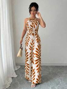 Elenzga petite Bộ jumpsuit nữ thanh lịch, thoải mái, màu be chủ đạo phối họa tiết nâu, chất liệu vải lanh, cổ yếm, đính hạt cườm và thắt nơ ở eo, thích hợp cho mùa xuân/hè. - trái cam - Xem 5