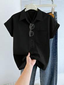 Resyla 女士蓝色蝙蝠袖口袋休闲通勤衬衫，春夏无袖衬衫，黑色工作上衣，黑色衬衫，女士黑色女式衬衫，优雅翻领衬衫，女士工作衬衫，女士上衣和衬衫，工作衬衫，工作衬衫，黑色无袖衬衫，翻领衬衫，新款时尚上衣，女士纽扣衬衫 - 黑色 - 查看 5