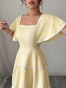 Rafferiza Women's Square Neck Petal Sleeve Textured French Style Vacation Wave Ruffle Hem Butter Yellow Elegant Dress - Light Yellow - View 3