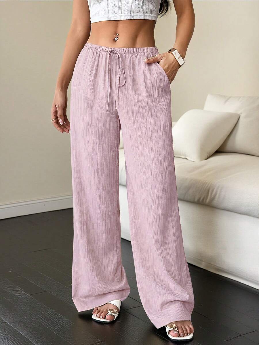 Flirla Women's Solid Color Drawstring Waist Pocket Casual Versatile Daily Wear Wide Leg Pants - Baby Pink - View 1
