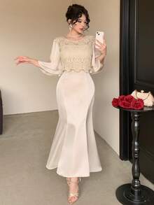 DAZY Đầm dài dáng đuôi cá thanh lịch dành cho nữ, cổ tròn, phối ren và satin. Đầm 2 trong 1. - Màu be - Xem 5