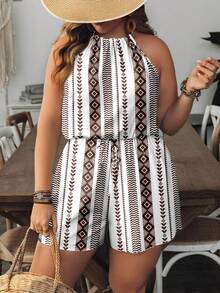 Mono casual de mujer talla grande con estampado de rayas y cuello halter - Multicolor - Ver 1