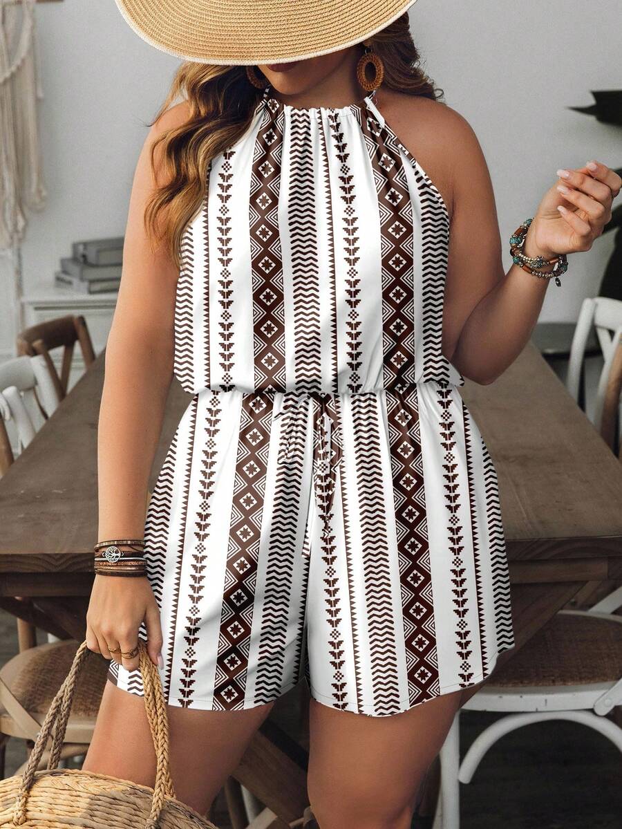 Mono casual de mujer talla grande con estampado de rayas y cuello halter - Multicolor - Ver 1