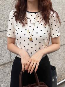 FRIFUL Women's Round Neck Flocked Polka Dot Fitted Contrast Trim T-Shirt Summer - Apricot - View 5