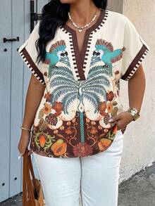 SHEIN LUNE Áo kiểu nữ cỡ lớn in hoa cổ chữ V, thích hợp mặc hàng ngày, mùa xuân/hè. - Nhiều màu - Xem 1