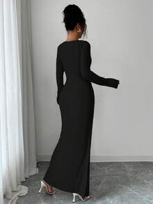 Elenzga Tall Women's Solid Color Asymmetric Collar Long Sleeve Split Hem Dress - Black - View 2