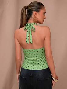 SHEIN BAE 黑色波点印花休闲露背上衣，适合早午餐、外出、约会、通勤、邮轮旅行、伊比沙岛度假等场合。 - 橄欖綠 - 查看 2