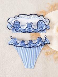Swim Basics Bộ bikini tam giác xếp ly gợi cảm, kiểu dáng cơ bản, sọc xanh dương, chất liệu vải, dành cho kỳ nghỉ hè 2026, thích hợp cho nữ. - Xanh và trắng - Xem 2