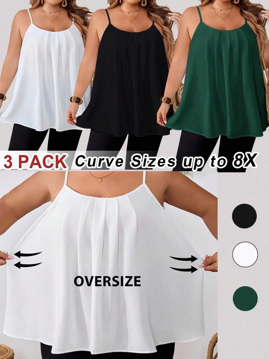 SHEIN CURVE+ 【6件/包】大码女式宽松吊带背心,黑色、白色、粉色,休闲优雅,适合日常穿着和度假,夏季/乡村/海滩度假装/沙滩装/沙滩服饰 - 彩色 - 查看 1