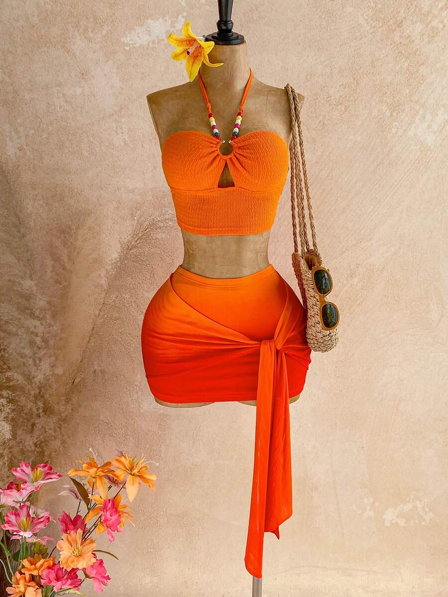 Soleia Conjunto de 2 piezas de punto naranja para mujer, top halter con cuentas, falda mini con cintura anudada - Multicolor - Ver 1