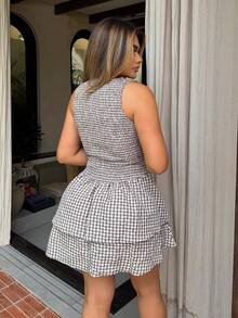 Maria Perezxox Blue Plaid Sleeveless Bodycon Mini Dress, Sweet French Style For Vacation, Spring/Summer - Multicolor - View 2
