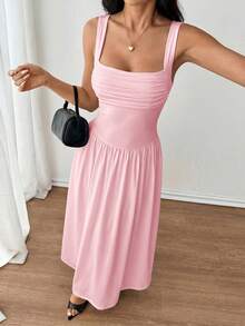 SHEIN PETITE 女士优雅纯色棕色咖啡色方领喇叭连衣裙，春夏款 - 粉色 - 查看 5