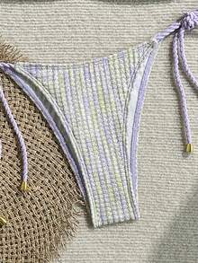 Swim Mod Bộ đồ đi biển mùa hè 2 mảnh dành cho nữ, chất liệu vải dệt kim có họa tiết, áo yếm dây thừng và quần có dây buộc bên hông, bộ bikini. - Màu tím hoa cà - Xem 4