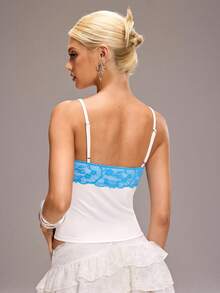 Y2Kool Maria Clara Maia Tank Top Crop Pas Badan Wanita dengan Tali Bahu Tipis dan Hiasan Pita untuk Musim Panas - Blue and White - View 2