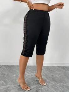 SHEIN Quần legging nữ cỡ lớn, kiểu dáng thường ngày, màu đen, viền ren, thích hợp cho mùa xuân sớm. - màu đen - Xem 5