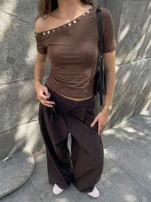 Aloruh Áo thun dệt kim tay ngắn cổ xéo màu cà phê, trang phục công sở thanh lịch, thoải mái cho mùa hè. - Cà phê nâu - Xem 2