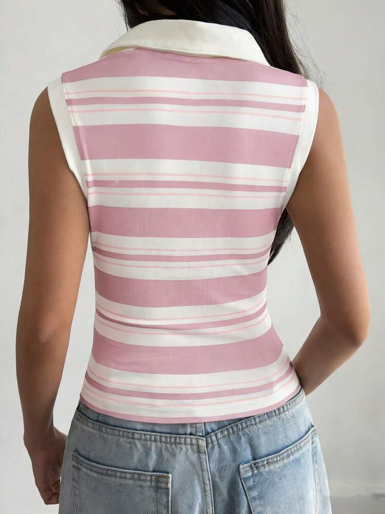 Pink Collar Striped Casual Tank Top For Women