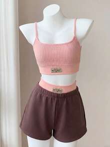 Comfortcana 女士休闲街头风字母印花露脐上衣和二合一短裤套装，夏季字母印花背心和撞色拼接长裤，粉色和棕色，可爱装扮 - 彩色 - 查看 5