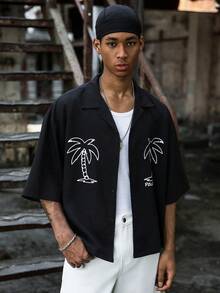 PAVTROS Men's Short Sleeve Shirt With Coconut Tree Embroidered Pattern,Black And White,Summer,Casual,Beach,Holiday Streetwear Streetstyle Gift For Boyfriend - Black - View 4
