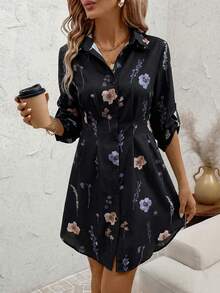 SHEIN Clasi 女士秋冬时尚百搭通勤印花衬衫裙 - 黑色 - 查看 2