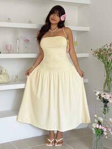 大码女式夏季度假简约纯色褶皱腰部抹胸连衣裙 - 黃色 - 查看 4
