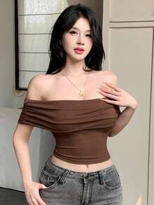 DAZY Brown Fitted Cropped Off Shoulder Top, Fashionable For Music Festivals, Summer & Spring Top - Brown - View 9