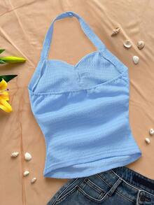 SHEIN Baby Blue Summer Cute Beach Vacation Holiday Starfish Halter Neck Cropped Top,Ruched Fitted Blouse For Tween Girls With Pearl Chain Marine Style - Baby Blue - View 2