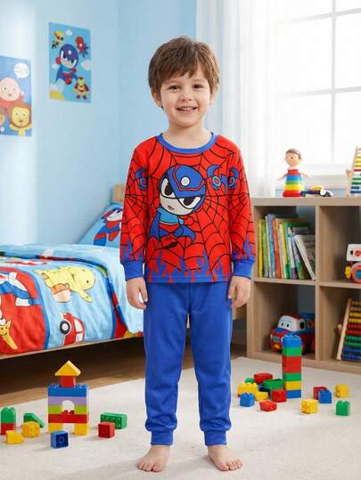 SHEIN Set de 2 piezas que incluye camiseta de manga larga de cuello redondo ajustada con estampado de araña y superhéroe para niño pequeño, y pantalones de pijama suaves y cómodos. Ropa de estar en casa casual de primavera.