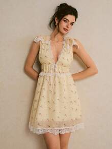 Poéselle 女士优雅迷你花卉蕾丝边短连衣裙，黄色连衣裙，沙滩裙，女士度假装，女士沙滩装，完美适合度假、旅行、周末和海滩穿着，春夏女士连衣裙，Florurora春夏优雅连衣裙，女士茶会连衣裙，野花连衣裙，印花连衣裙 - 淡黃色 - 查看 2
