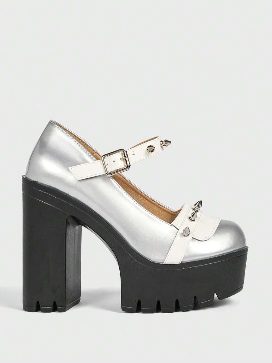 Sugerpunk 女士性感厚底粗跟鞋，时尚纯色鞋款，适合春秋季穿着，配有搭扣带、尖头、铆钉装饰搭扣、可调节搭扣踝带，高跟玛丽珍鞋，适合假日、派对、约会等场合。 - 銀色 - 查看 1