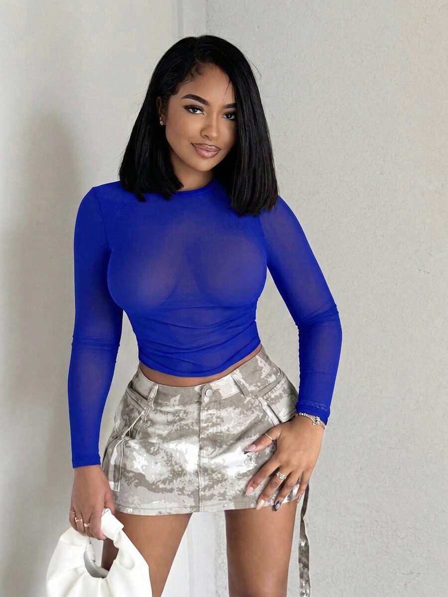 Alexandranx Sheer Slim Top Without Bra - Royal Blue - View 1