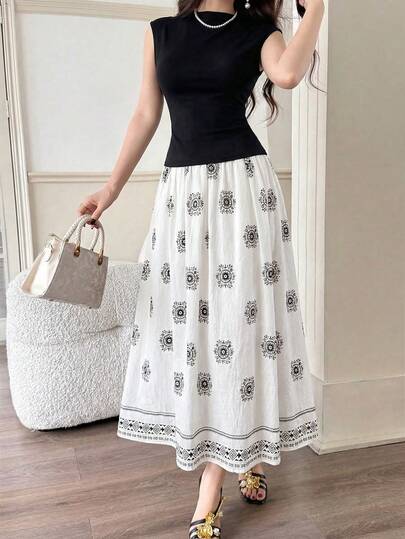 Celisse Black T-Shirt & Printed Skirt 2 Pieces Set, Elegant For Women