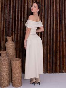 Duda Rubert 女式纯色露肩收腰连衣裙，简约时尚，夏季 - 杏色 - 查看 2