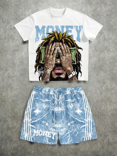 Manfinity Roghcode Plus Size Men's Casual Graphic Print T-Shirt And Shorts Set, Summer