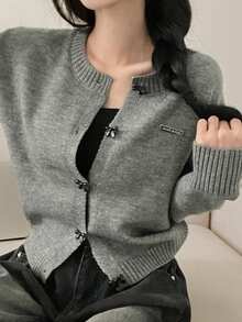 DAZY 女士蝴蝶结纽扣圆领宽松开衫，秋季女装 - 深灰色 - 查看 5