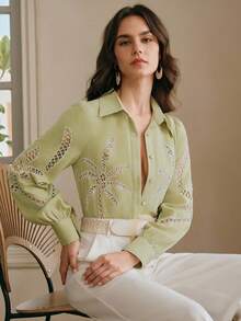 Anewsta Women's Elegant Fashion Vacation/Date Chic Hollow Embroidery Pattern Long Sleeve Blouse, Spring/Summer - Green - View 6