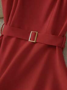 Franclia 休闲简约百搭方领无袖黑色滚边收腰连衣裙，米色，春夏款 - 紅色 - 查看 4