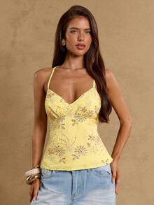 SHEIN BAE Áo hai dây màu vàng trơn có họa tiết đính sequin, áo tank top hở lưng đi nghỉ mát, áo tank top dệt jacquard, áo tank top hở lưng đính sequin. - Vàng nhạt - Xem 1