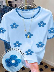 Resyla Camiseta de mujer de moda casual con cuello redondo y hombros caídos, bordada con concha, Camiseta bordada con flores, Camiseta bordada con toalla floral, Camiseta casual y cómoda para exteriores, Camiseta para todas las estaciones, Camiseta floral - Azul menta - Ver 4
