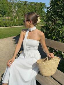 SHEIN MOD Đầm midi trang trí ruy băng trắng, đầm nữ, đầm dự lễ, đầm trắng, đầm dự tiệc, đầm ấn tượng, đầm dã ngoại cho nữ, đầm trắng phong cách đồng quê, trang phục mùa hè cho nữ, đầm kiểu Pháp, đầm trắng mùa xuân cho nữ. - trắng - Xem 2