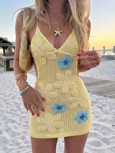 Aloruh Yellow Bodycon Backless Floral Mini Dress, Vacation Style, Spring/Summer