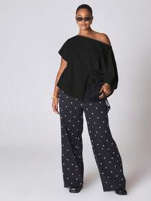 MUSERA 单肩侧缝收腰T恤，新年可爱性感外出晚宴派对点缀夏季 - 黑色 - 查看 5