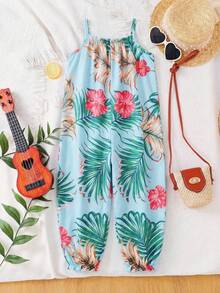 SHEIN Young Girl Vacation Casual Chiffon Ditsy Floral Jumpsuit - Blue - View 2