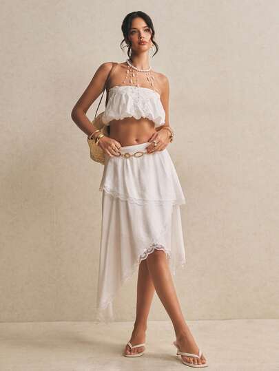 Poéselle 女士纯色蕾丝边休闲百搭约会之夜半身裙