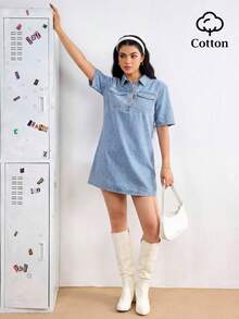 SHEIN EZwear Đầm nữ dáng rộng thoải mái, đầm tay ngắn, đầm mặc ngoài trời, đầm xuân hè, đầm cổ bẻ, đầm thường ngày kiểu Mỹ, đầm đi nghỉ mát. - màu đen - Xem 4