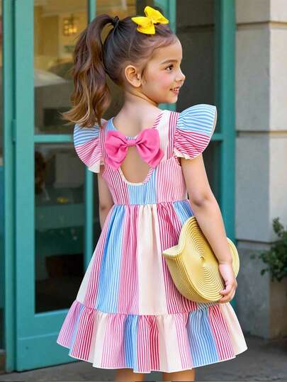 Elladie kids 女童优雅印花圆领喇叭袖露背蝴蝶结装饰腰部荷叶边下摆休闲时尚连衣裙，适合度假旅行，夏季穿着